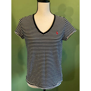 Women's Polo Ralph Lauren M Black White Stripe V-Neck Short Sleeve Tee Red Logo